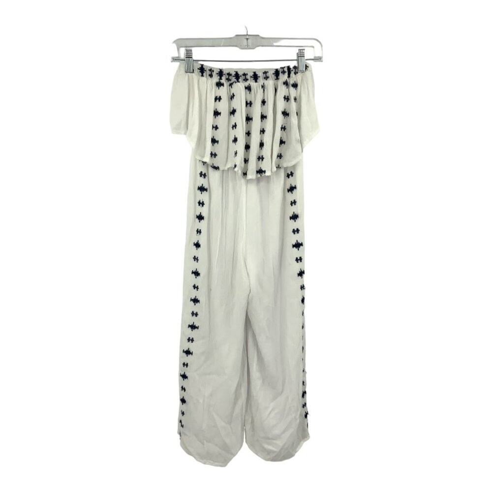 Sincerely Jules White Navy Blue Embroidered Ruffle Cropped Jumpsuit Size XS